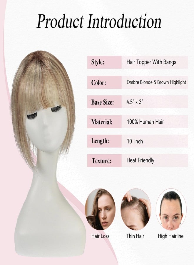 EMMOR 10 Inch Real Human Hair Topper for Women - Upgrade Swiss Lace Base with 3 Non-Slip Clips, 4.5" x 3" Clip in Bangs for Thinning Hair & Natural Hair Loss Coverage(Ombre Blonde & Brown Highlight) - Image 2